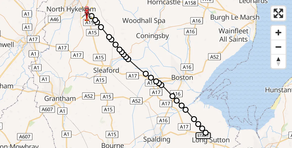 Flight path map showing Air Ambulance Helicopter route from Gedney to North Kesteven