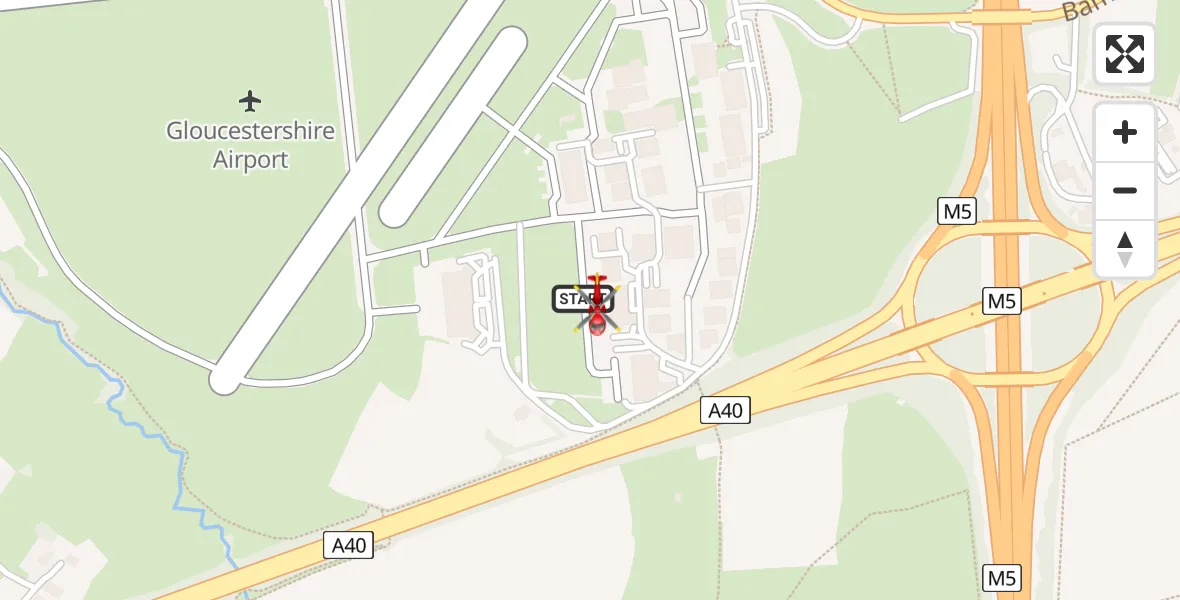 Flight path map showing Air Ambulance Helicopter route from Gloucestershire Airport to Churchdown