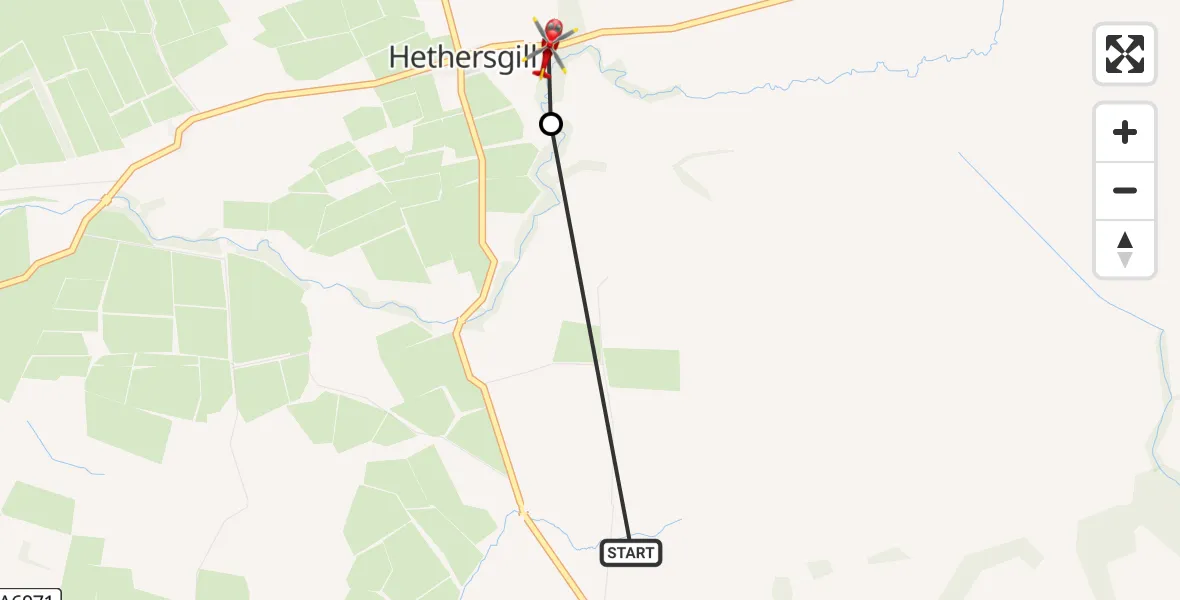 Flight path map showing Air Ambulance Helicopter route from Irthington to Hethersgill