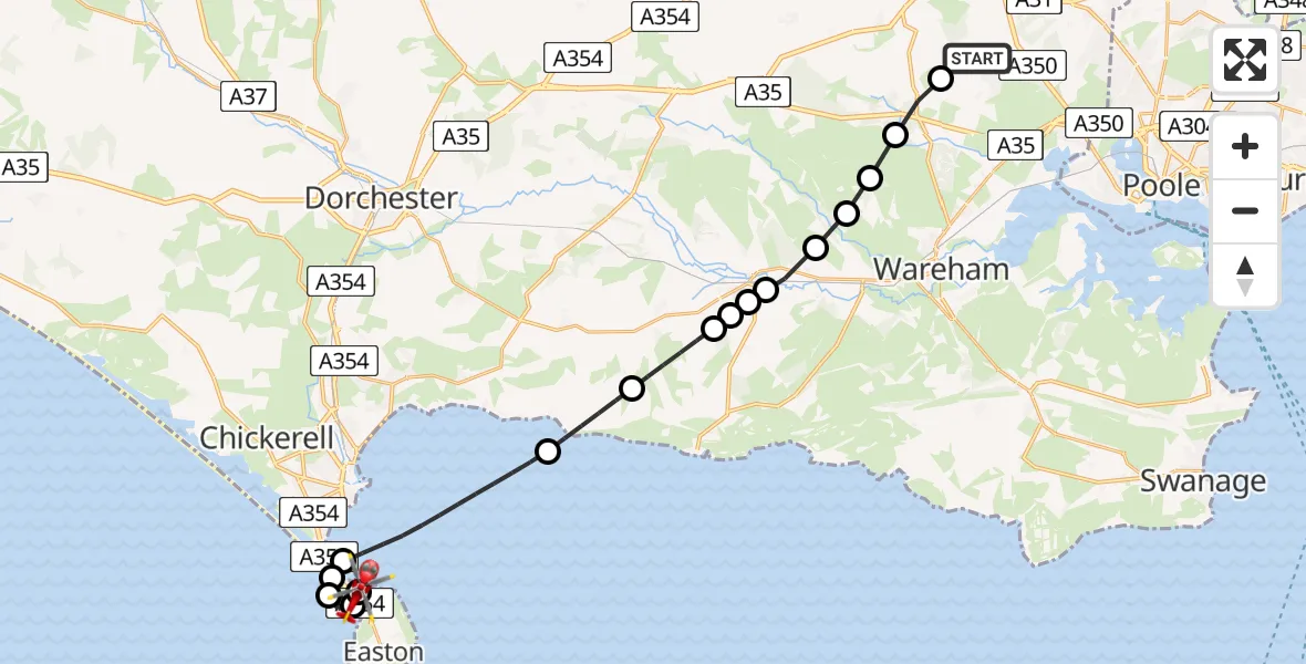 Flight path map showing Air Ambulance Helicopter route from Lytchett Matravers to RNAS Portland Heliport