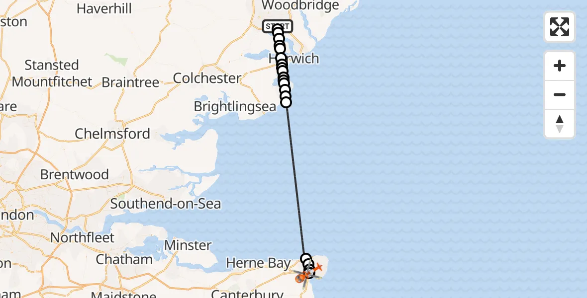 Flight path map showing Coastguard Helicopter route from East Suffolk to Manston Airport