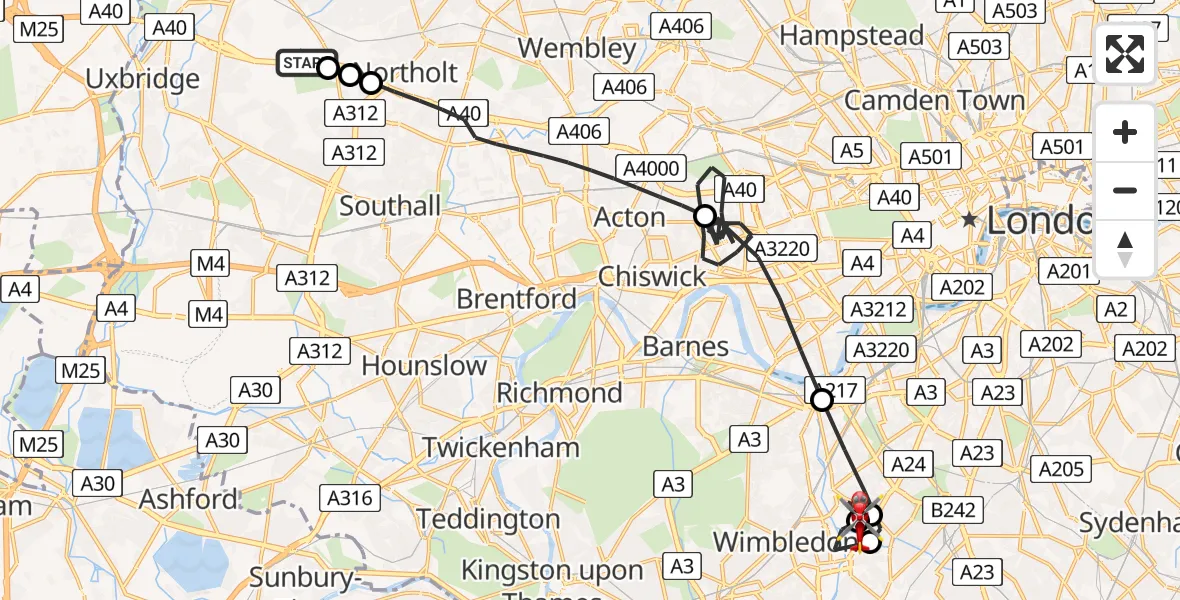 Flight path map showing Air Ambulance Helicopter route from RAF Northolt to St Georges Hospital