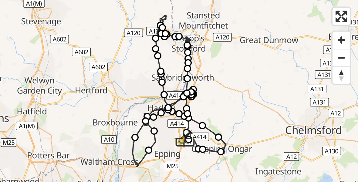Flight path map showing Police Helicopter route from North Weald Airfield to North Weald Airfield