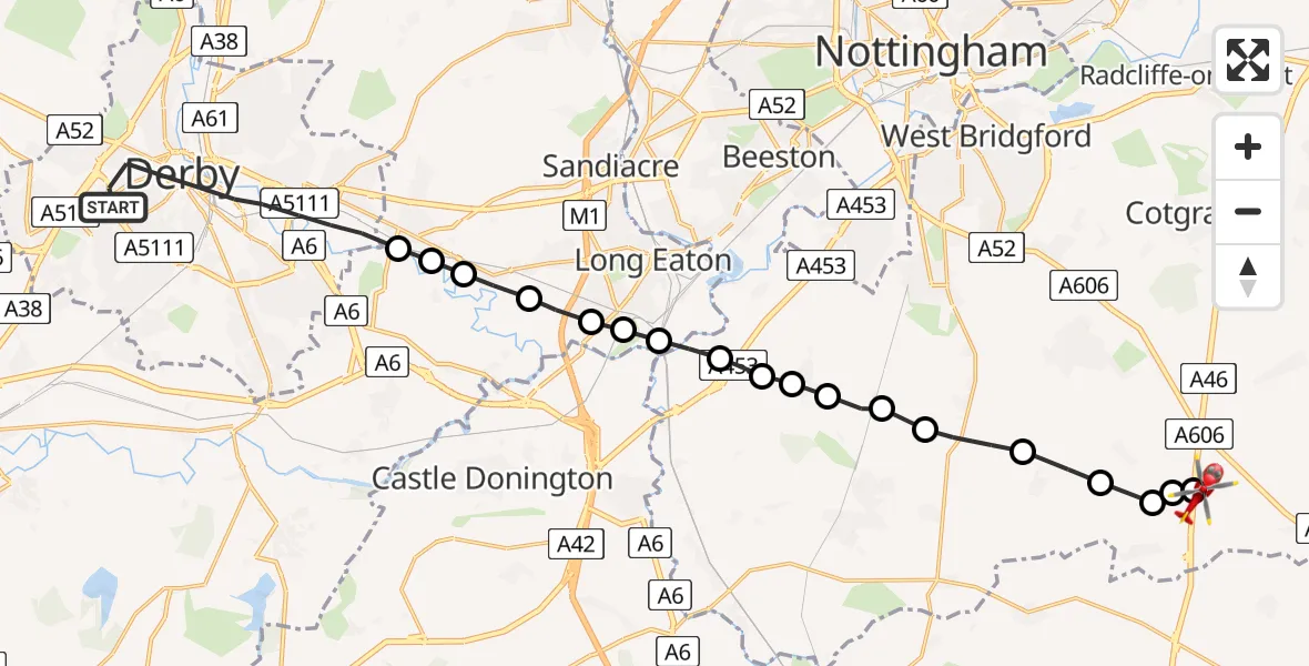 Flight path map showing Air Ambulance Helicopter route from Derby to Nottingham Heliport