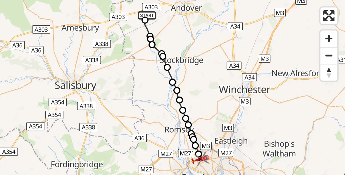 Flight path map showing Air Ambulance Helicopter route from Amport to Southampton