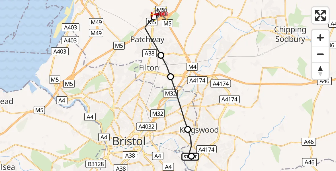 Flight path map showing Air Ambulance Helicopter route from Bristol to Almondsbury Helicopter Base