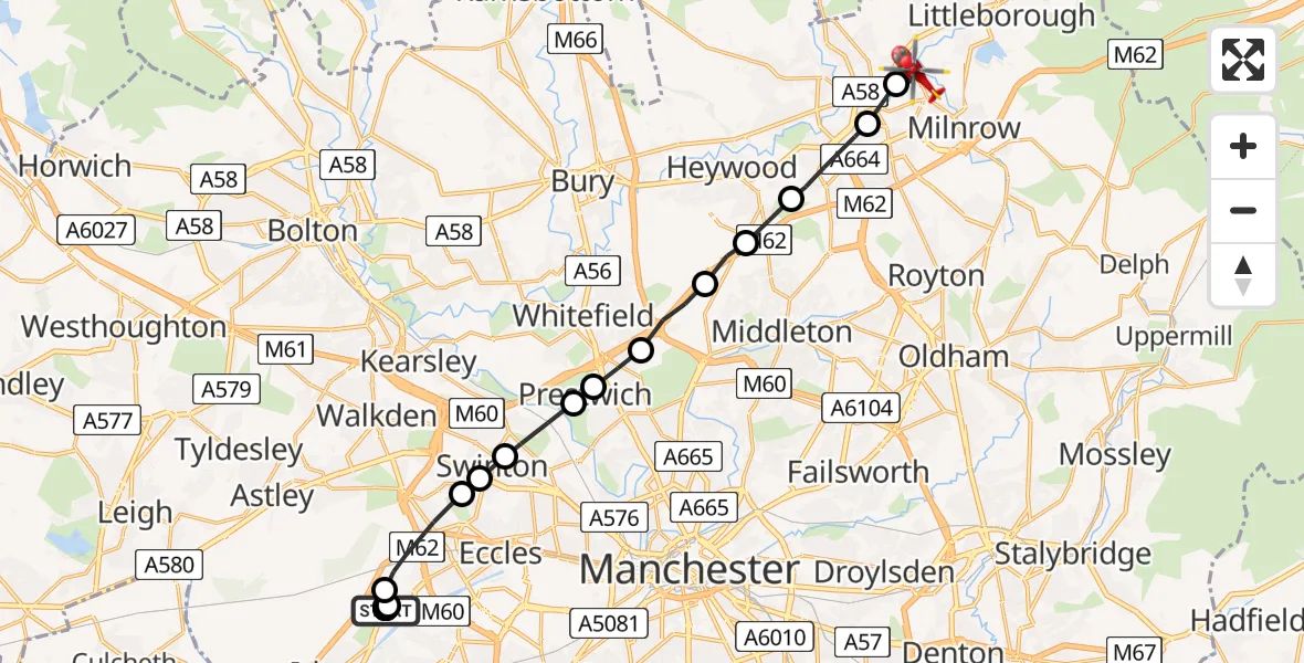 Flight path map showing Air Ambulance Helicopter route from Manchester Barton Aerodrome to Milnrow
