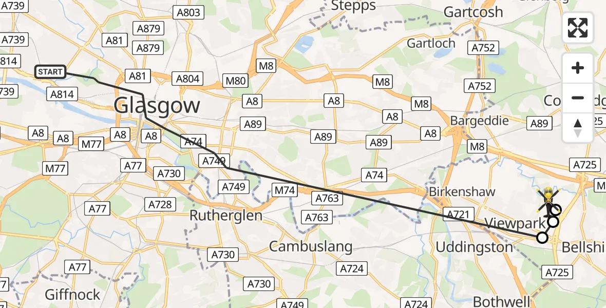 Flight path map showing Police Helicopter route from Glasgow to Viewpark