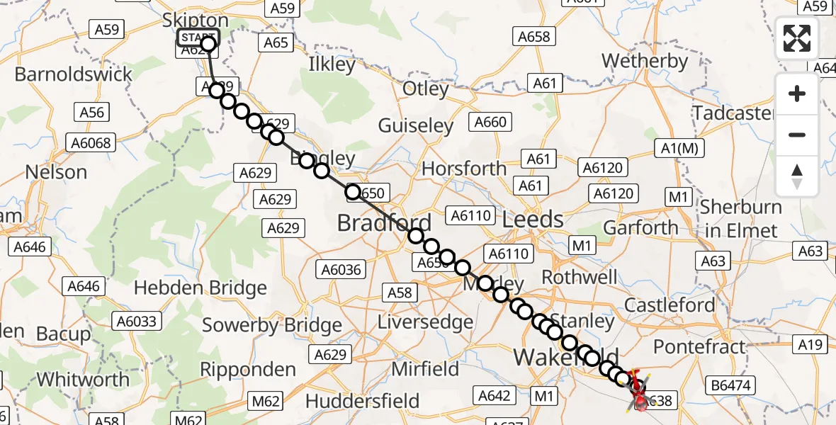 Flight path map showing Air Ambulance Helicopter route from Skipton to YAA Nostell Helicopter Port