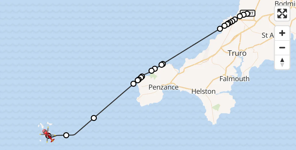 Flight path map showing Air Ambulance Helicopter route from Cornwall Airport Newquay to St. Mary's Airport