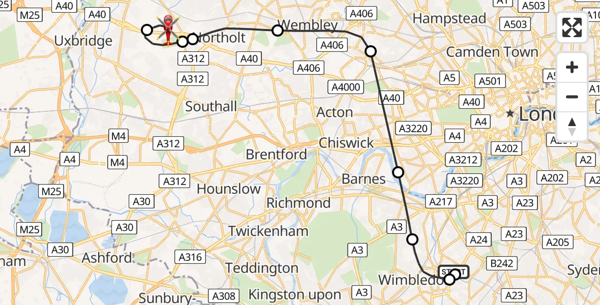 Flight path map showing Air Ambulance Helicopter route from St Georges Hospital to RAF Northolt