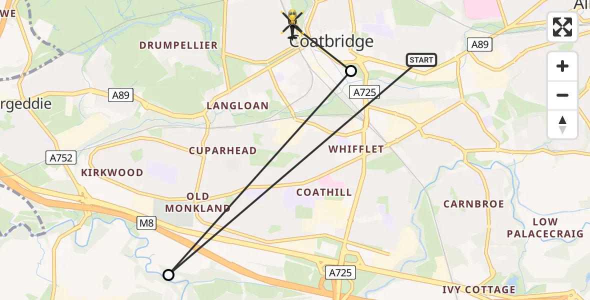 Flight path map showing Police Helicopter route from Coatbridge to Coatbridge