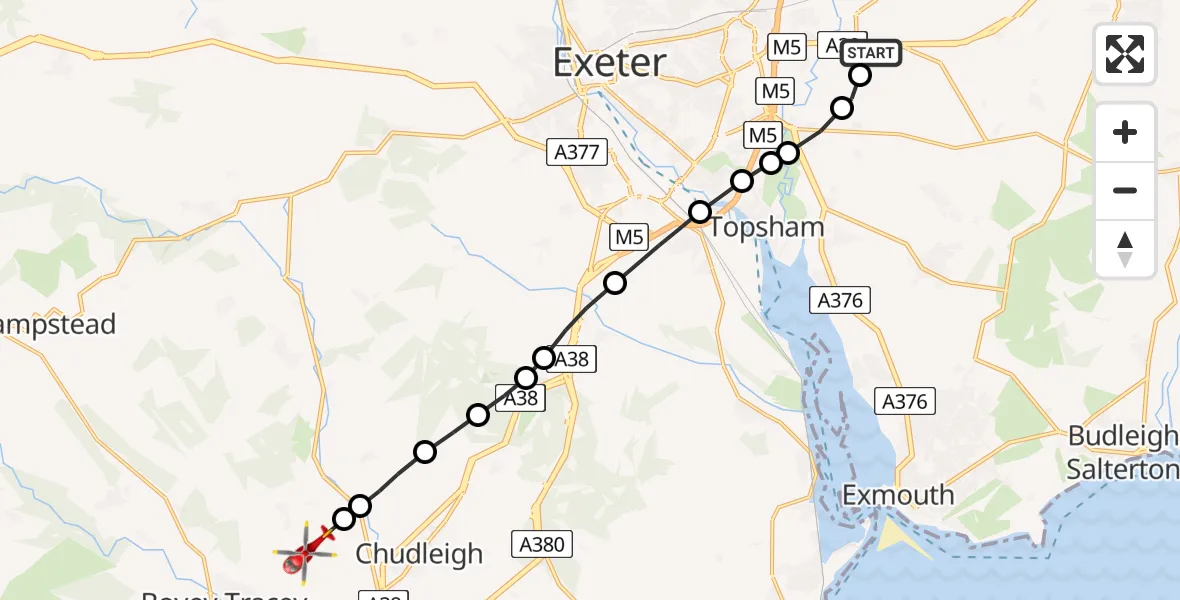 Flight path map showing Air Ambulance Helicopter route from Exeter International Airport to Hennock