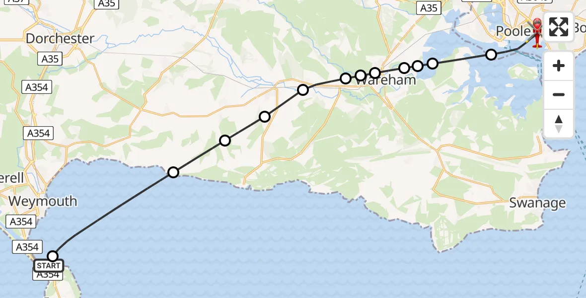 Flight path map showing Air Ambulance Helicopter route from RNAS Portland Heliport to Poole
