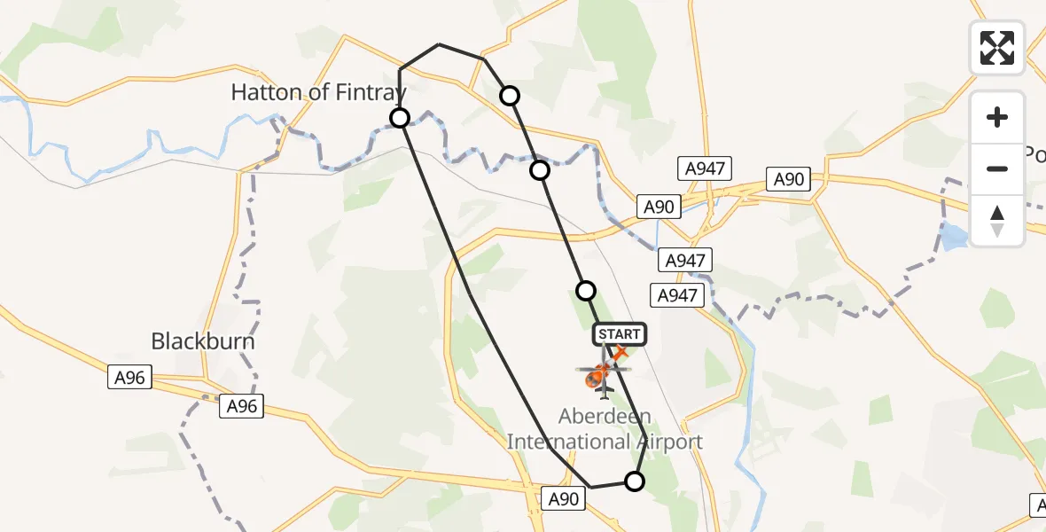 Flight path map showing Coastguard Helicopter route from Aberdeen International Airport to Aberdeen International Airport