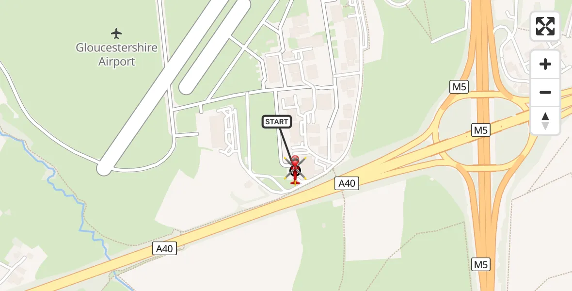 Flight path map showing Air Ambulance Helicopter route from Gloucestershire Airport to Churchdown