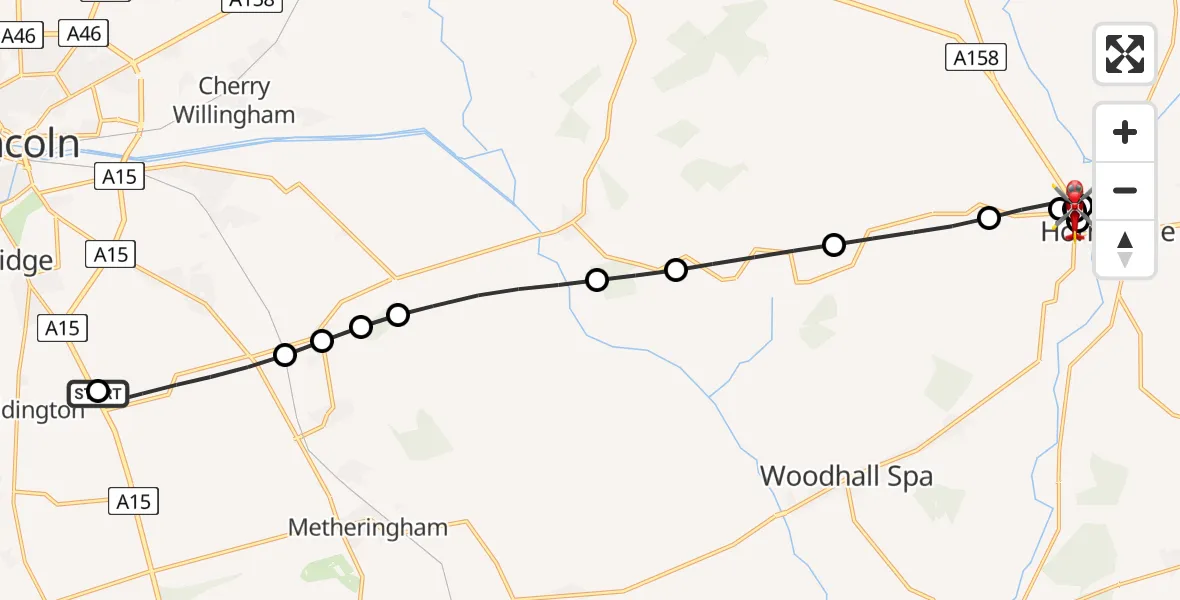 Flight path map showing Air Ambulance Helicopter route from RAF Waddington to Thimbleby