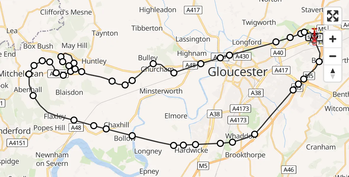 Flight path map showing Air Ambulance Helicopter route from Gloucestershire Airport to Churchdown