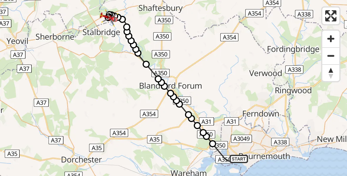 Flight path map showing Air Ambulance Helicopter route from Poole to Henstridge Airfield