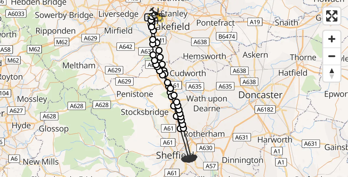 Flight path map showing Police Helicopter route from East Ardsley to East Ardsley