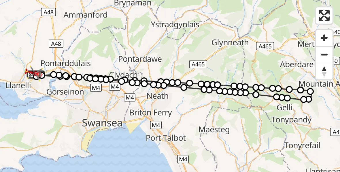 Flight path map showing Air Ambulance Helicopter route from Dafen to Dafen