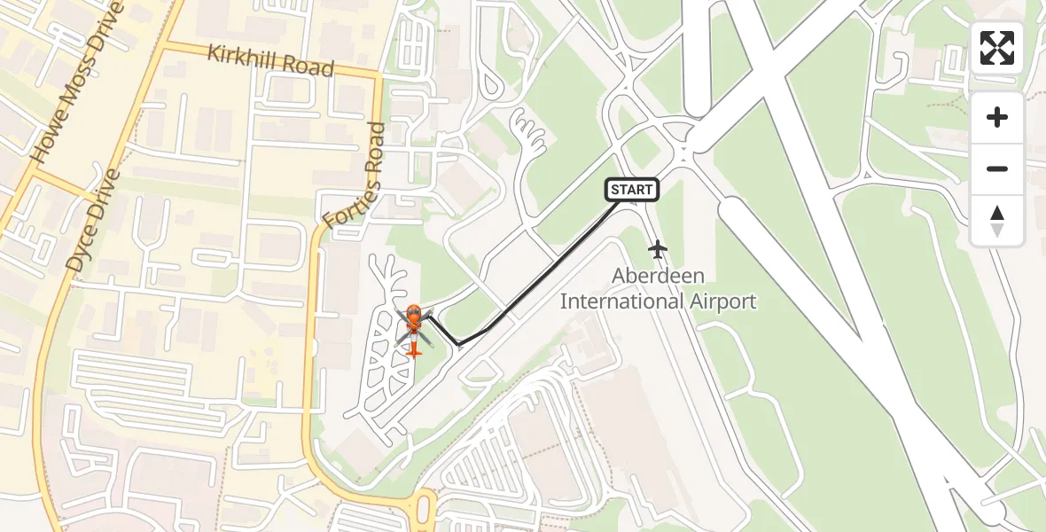 Flight path map showing Coastguard Helicopter route from Aberdeen International Airport to Aberdeen International Airport