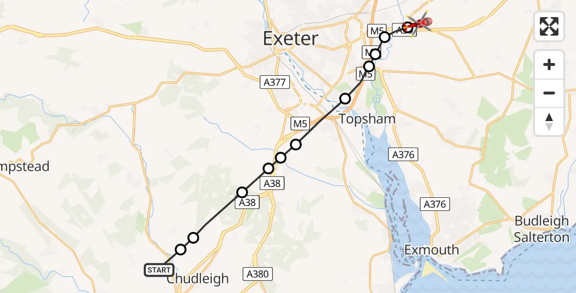 Flight path map showing Air Ambulance Helicopter route from Teign Village to Exeter International Airport