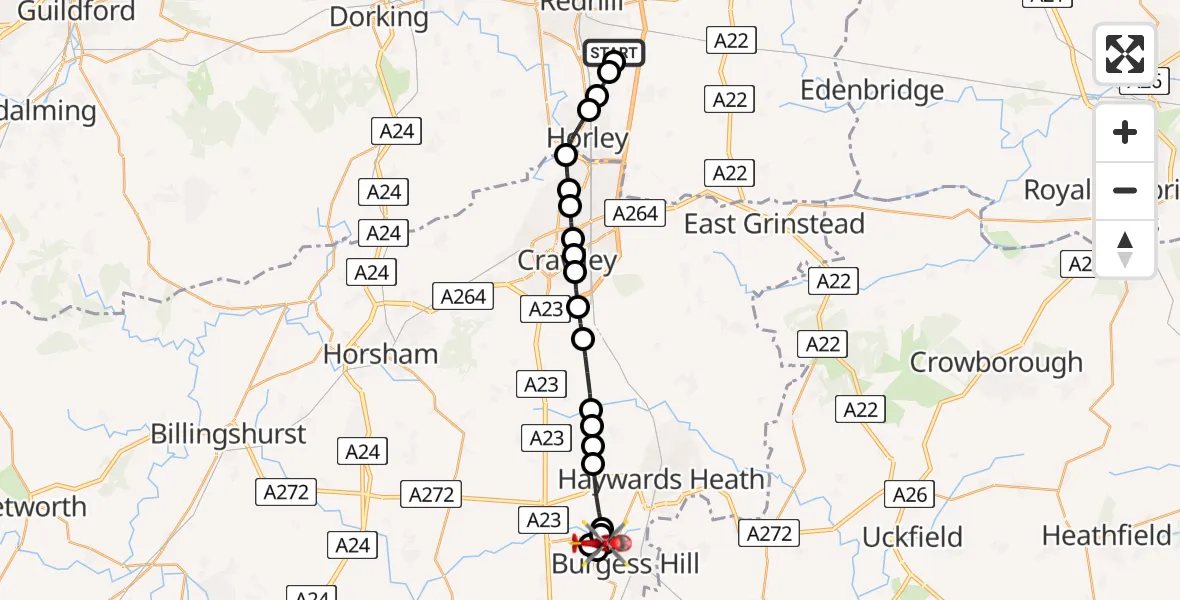 Flight path map showing Air Ambulance Helicopter route from Redhill Aerodrome to Goddards' Green