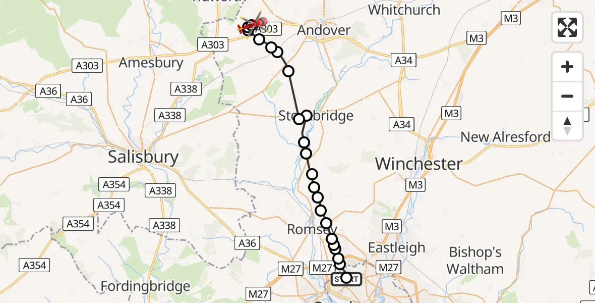 Flight path map showing Air Ambulance Helicopter route from University Hospital Southampton to Thruxton Aerodrome