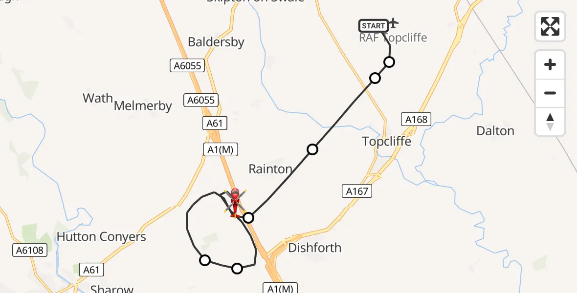 Flight path map showing Air Ambulance Helicopter route from RAF Topcliffe to Hutton Conyers