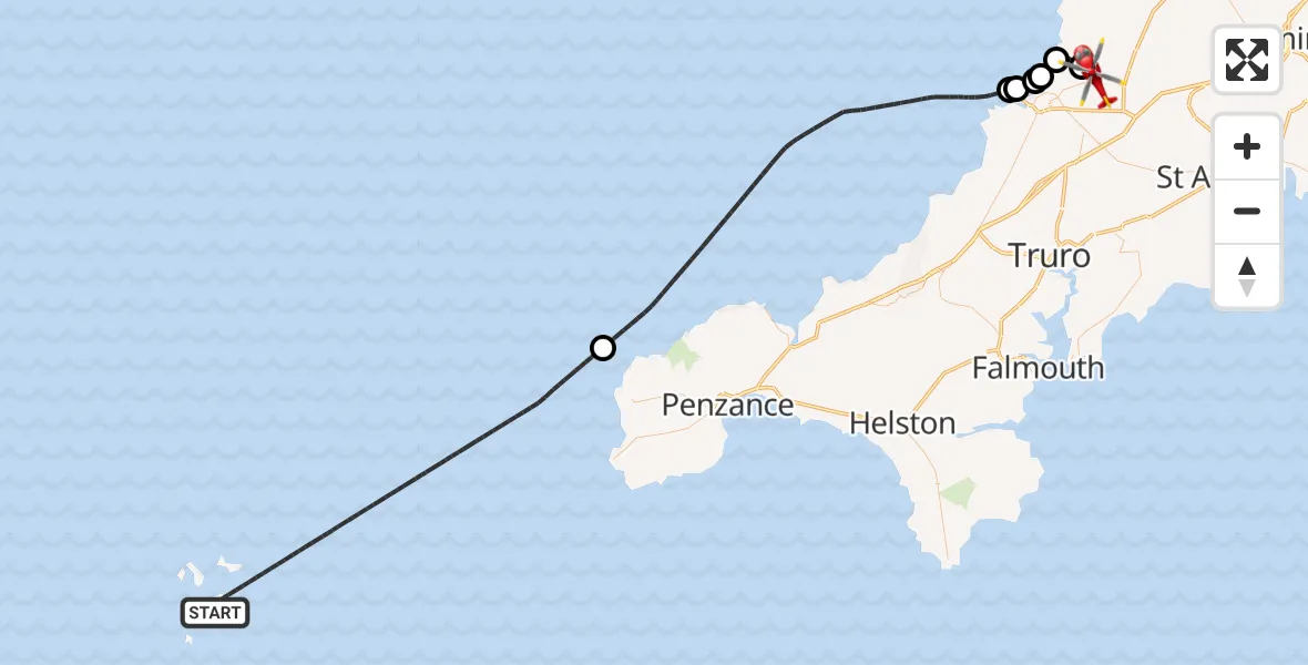 Flight path map showing Air Ambulance Helicopter route from North Atlantic Ocean to Cornwall Airport Newquay