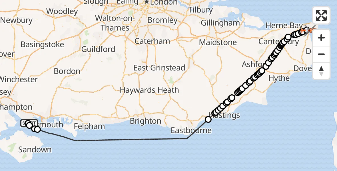 Flight path map showing Coastguard Helicopter route from Solent Airport to Manston Airport