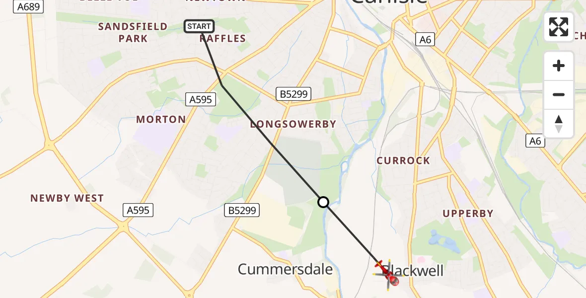 Flight path map showing Air Ambulance Helicopter route from Carlisle to Blackwell