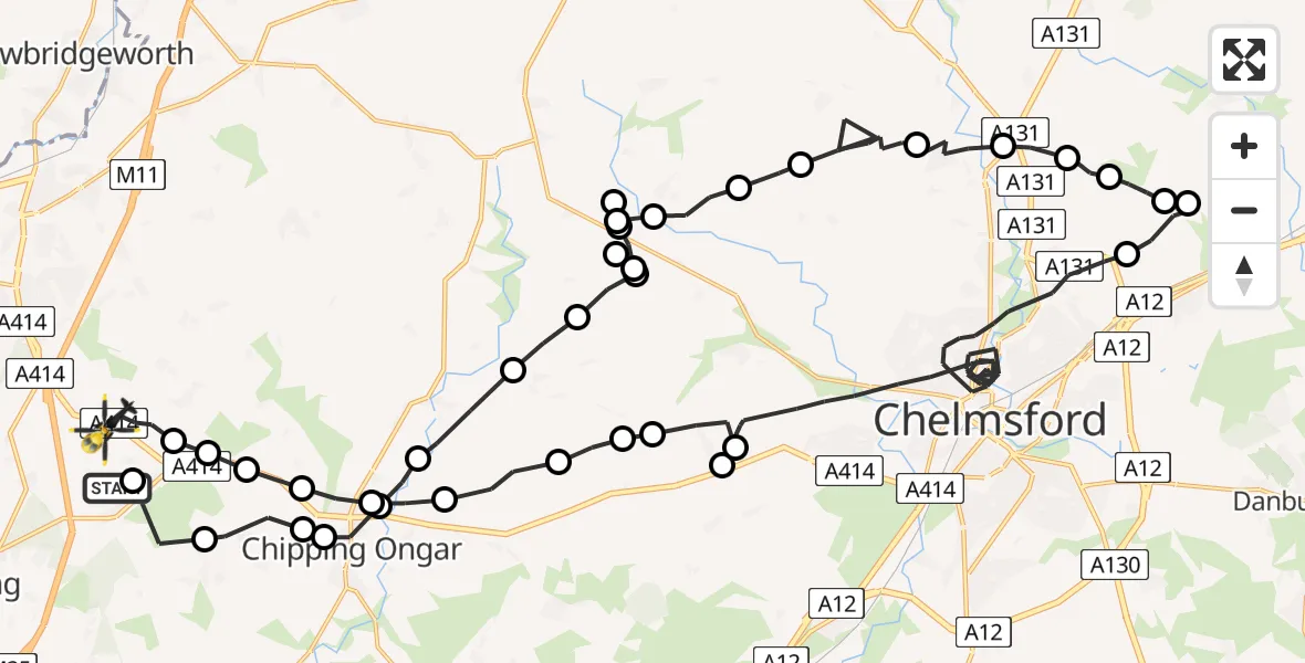 Flight path map showing Police Helicopter route from North Weald Airfield to North Weald Bassett