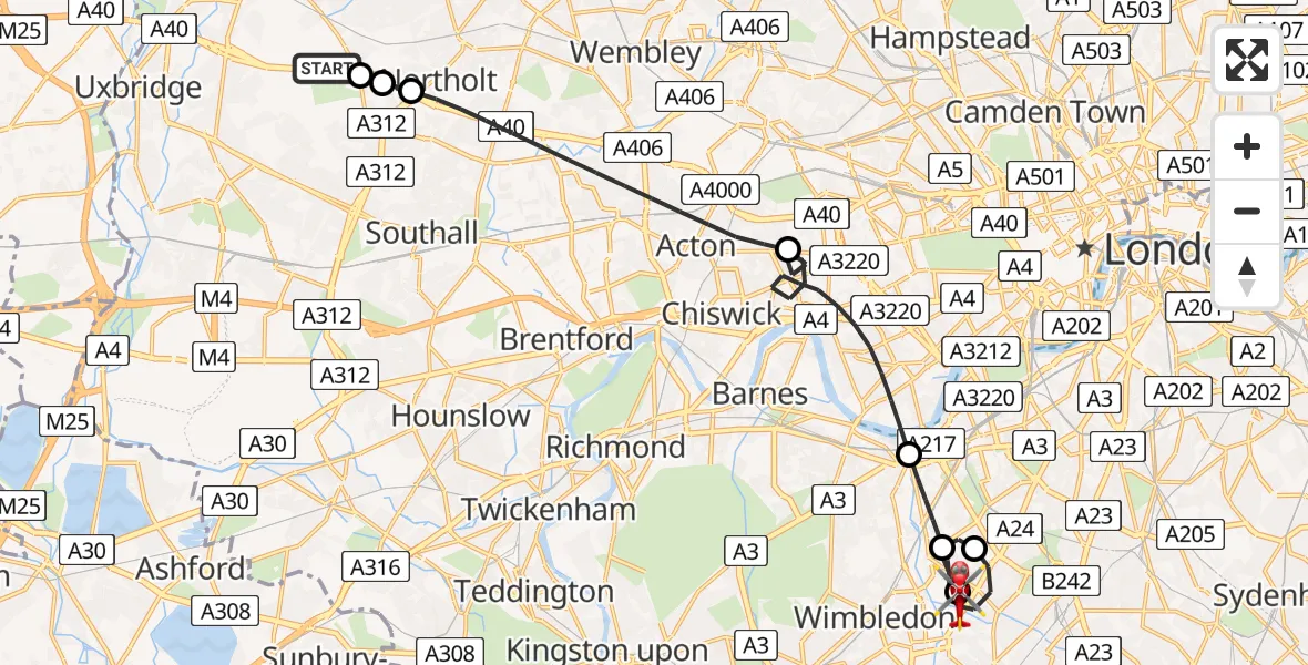 Flight path map showing Air Ambulance Helicopter route from RAF Northolt to St Georges Hospital