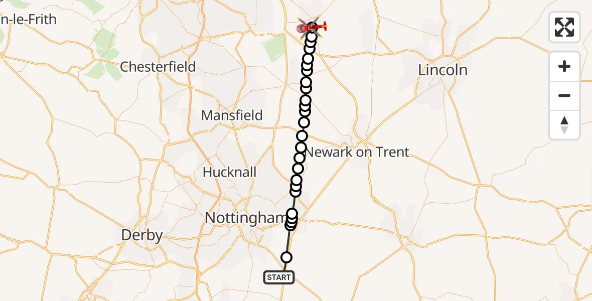 Flight path map showing Air Ambulance Helicopter route from Widmerpool to Ordsall