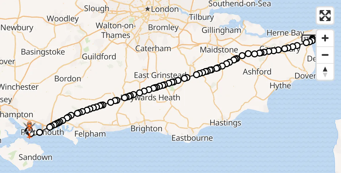 Flight path map showing Coastguard Helicopter route from Manston Airport to Solent Airport