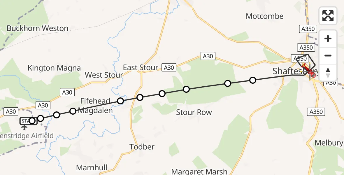 Flight path map showing Air Ambulance Helicopter route from Henstridge Airfield to Shaftesbury