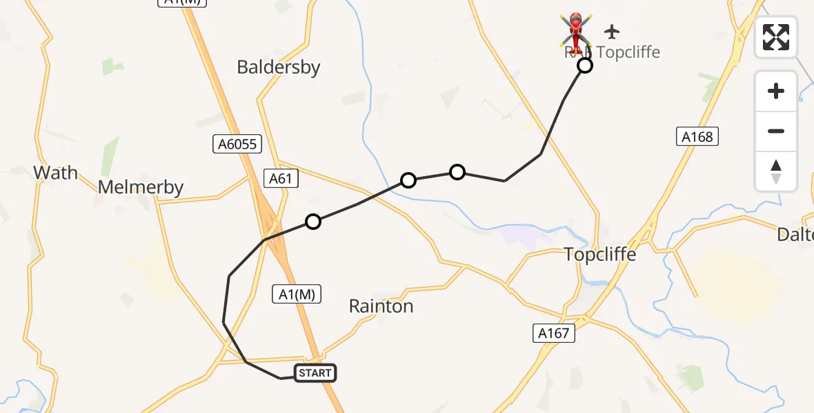 Flight path map showing Air Ambulance Helicopter route from Hutton Conyers to RAF Topcliffe
