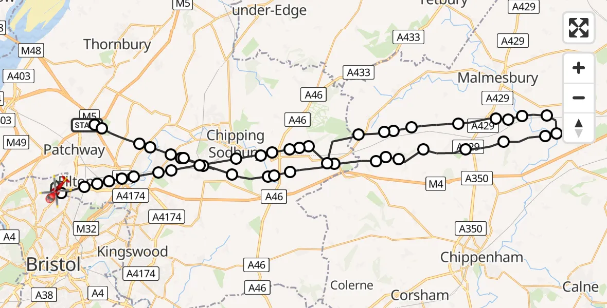 Flight path map showing Air Ambulance Helicopter route from Almondsbury Helicopter Base to Bristol