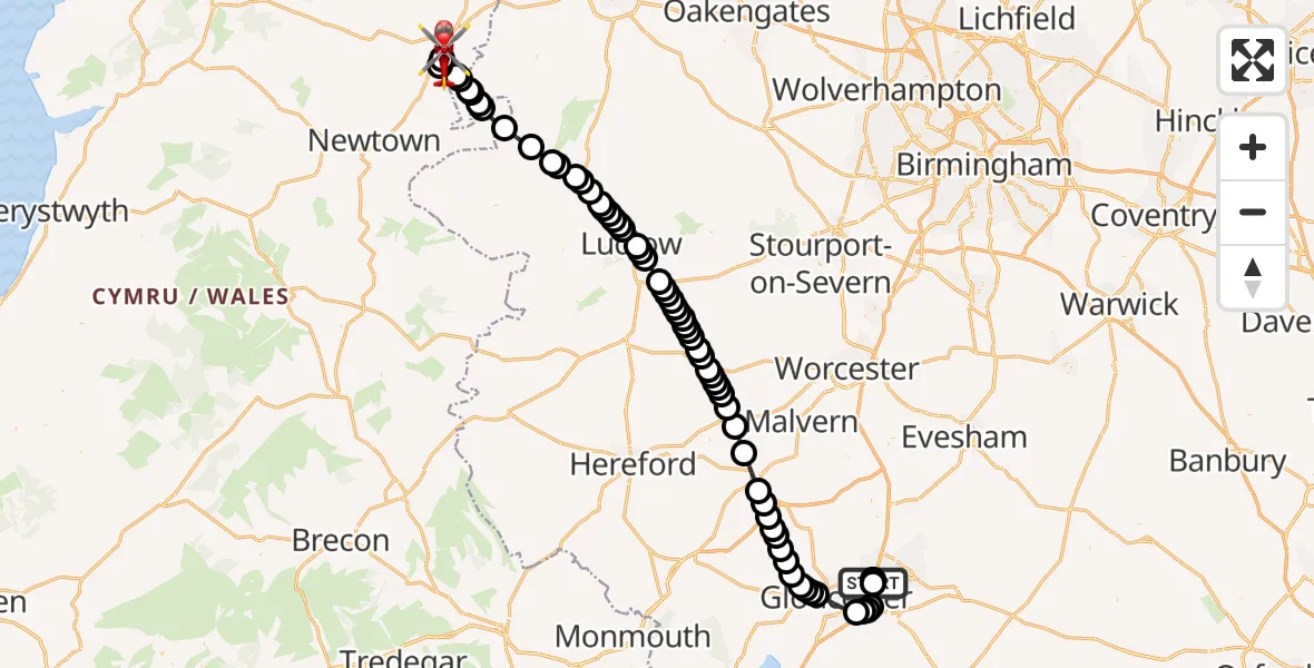 Routekaart van de vlucht: Air Ambulance Helicopter to Welshpool Airport