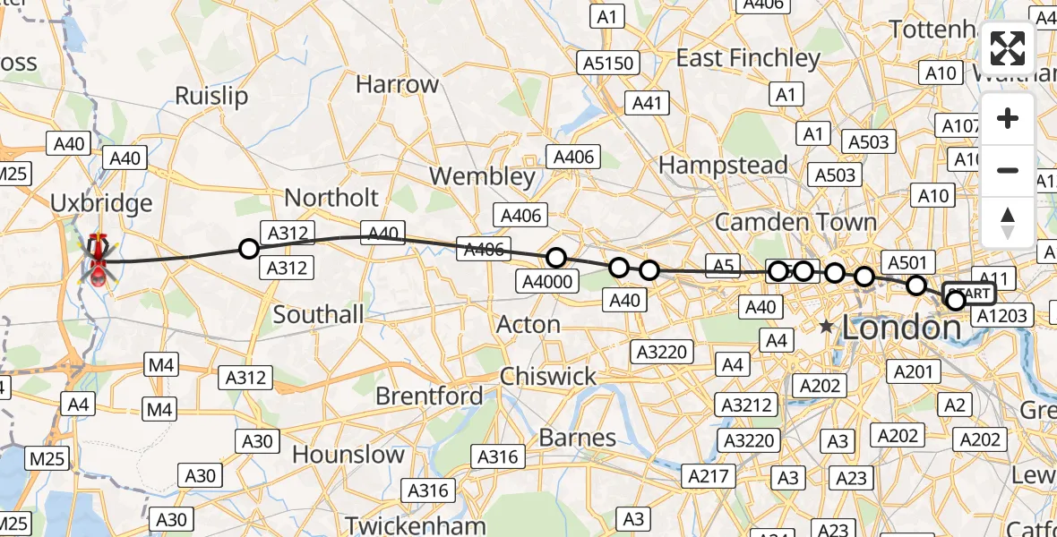 Flight path map showing Air Ambulance Helicopter route from Royal London Hospital to London Borough of Hillingdon
