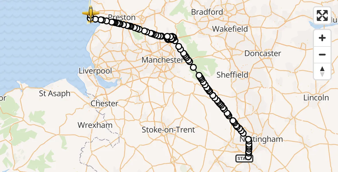 Flight path map showing Police Aircraft route from East Midlands Airport to Blackpool Airport