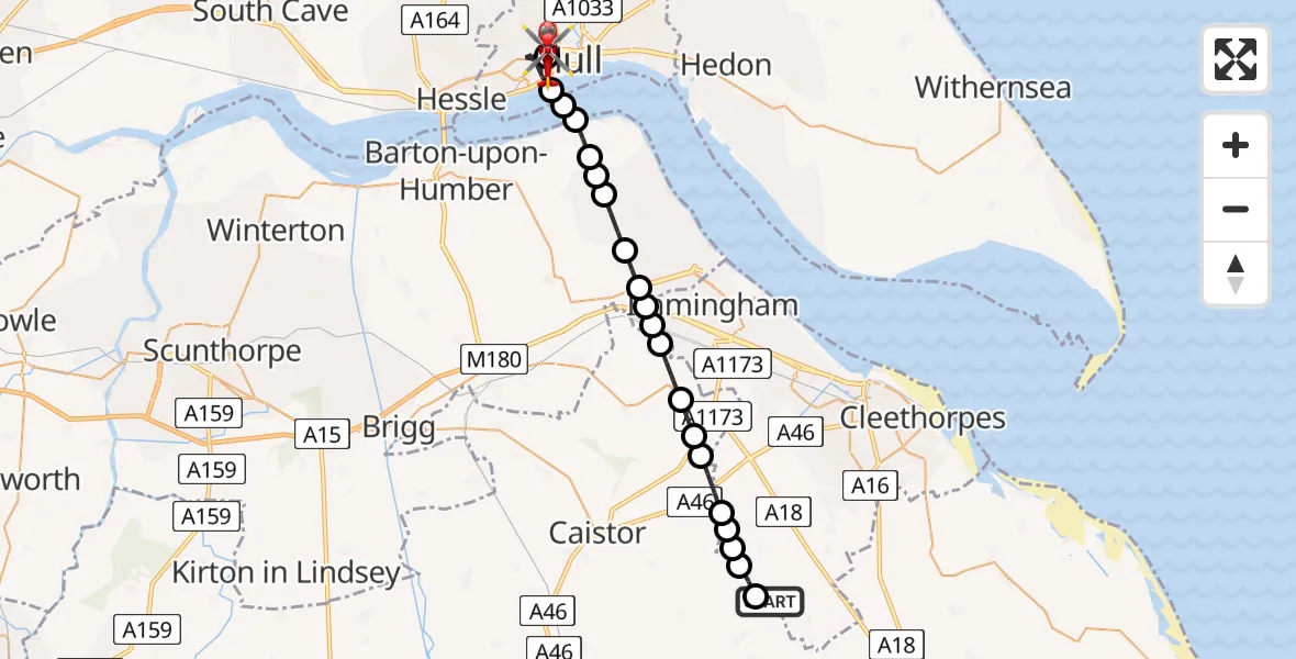 Flight path map showing Air Ambulance Helicopter route from Thorganby CP to Hull Royal Infirmary