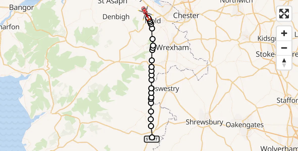 Flight path map showing Air Ambulance Helicopter route from Welshpool Airport to Rhydymwyn