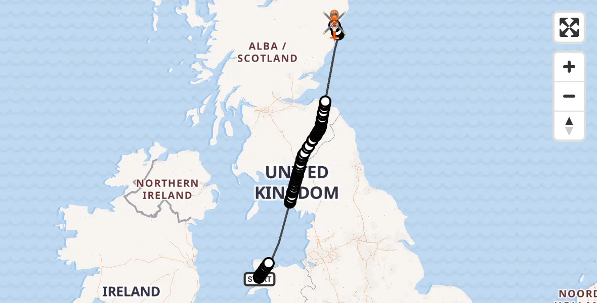 Flight path map showing Coastguard Helicopter route from Caernarfon Airport to Aberdeen International Airport