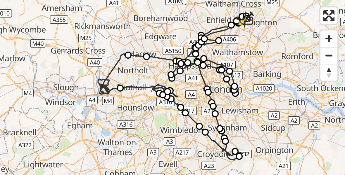 Flight path map showing Police Helicopter route from Greater London to Sewardstonebury