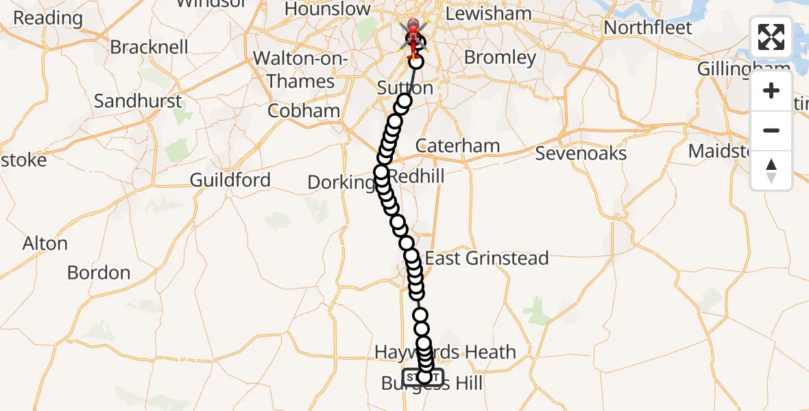 Flight path map showing Air Ambulance Helicopter route from Goddards' Green to St Georges Hospital