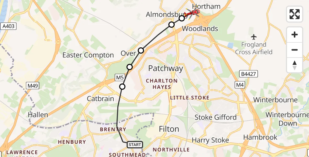 Flight path map showing Air Ambulance Helicopter route from Bristol to Almondsbury Helicopter Base