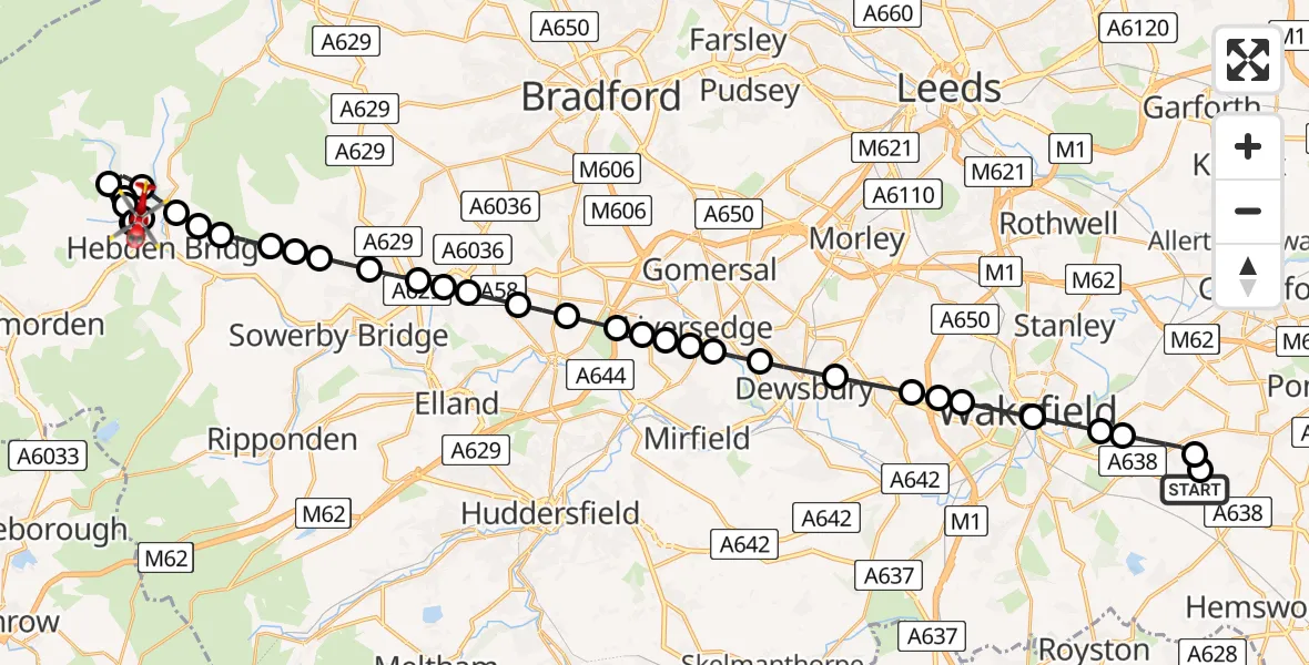 Flight path map showing Air Ambulance Helicopter route from YAA Nostell Helicopter Port to Heptonstall